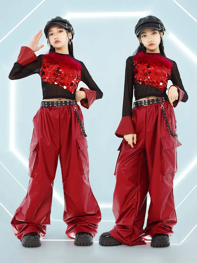 Kind Hip Hop Dance Outfit Mädchen Jazz Dance Kleidung Kpop Bühne Kleidung Pailletten Rot Schwarz Top Shuffle Hosen Street Dance Tragen