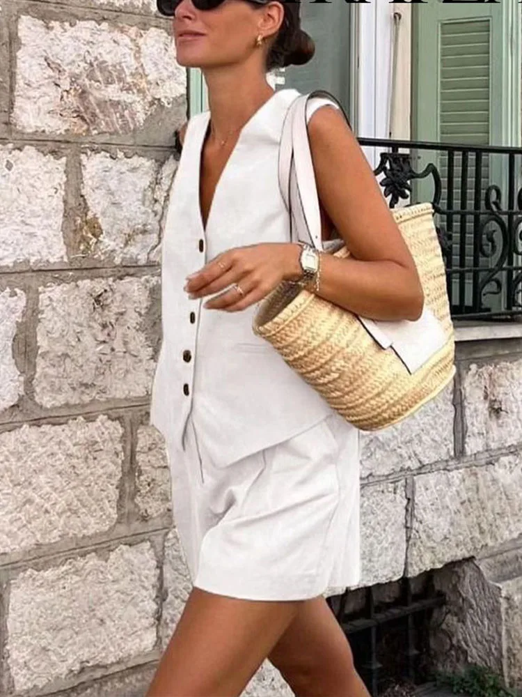 TRAFZA Women Elegant Solid Button Sleeveless Linen Shorts Set Vintage Casual V Neck Chic Vest Set 2024 Women\'s Office Lady Suit