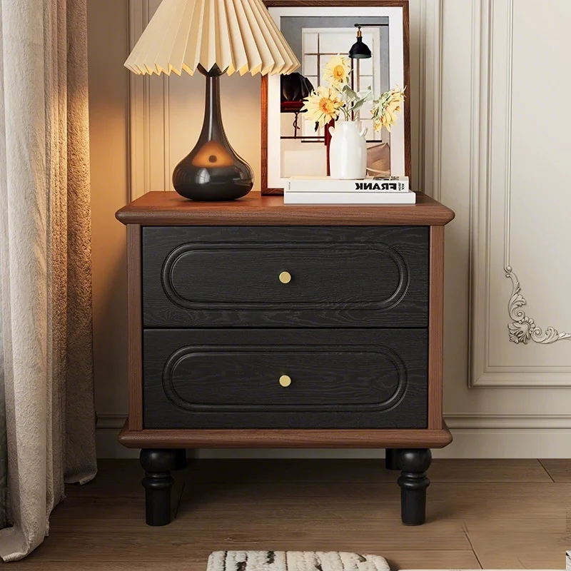 French Retro Red Oak Solid Wood Bedside Table Two-tone Vintage Black Bedroom Storage Double-layer Nightstands