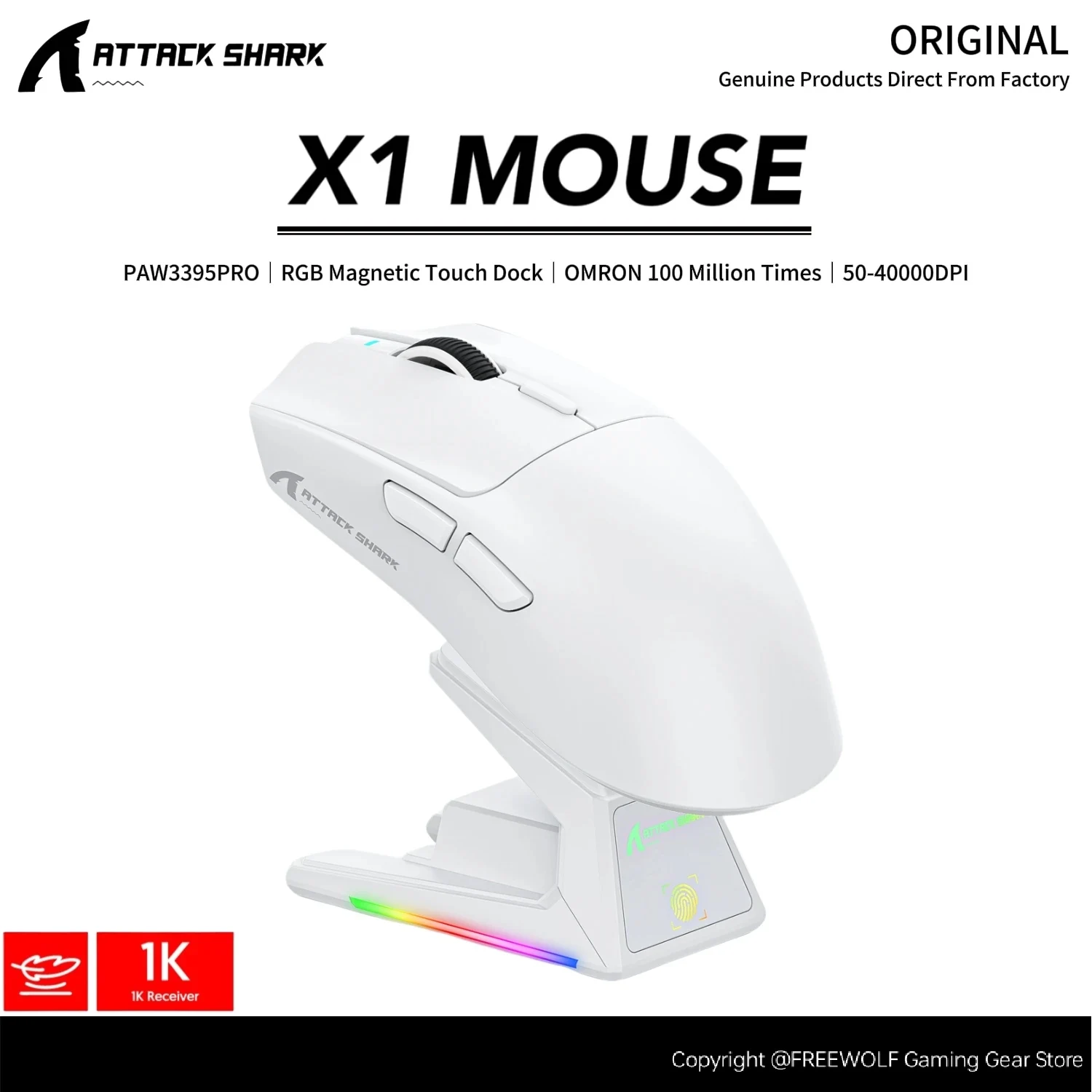 ATTACK SHARK X1 Wireless Gaming Mouse 1K Hz Magnetic RGB Touch Charging Dock,PixArt PAW3395 Pro Sensor,40000DPI for PC/Mac