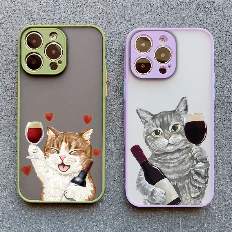 Cute Happy Cat Goblet Red Wine Phone Case For iPhone 15 14 13 Pro Max 16 13 12 11 Pro Max Mini 7 8 15 14 Plus X XS XR Back Cover