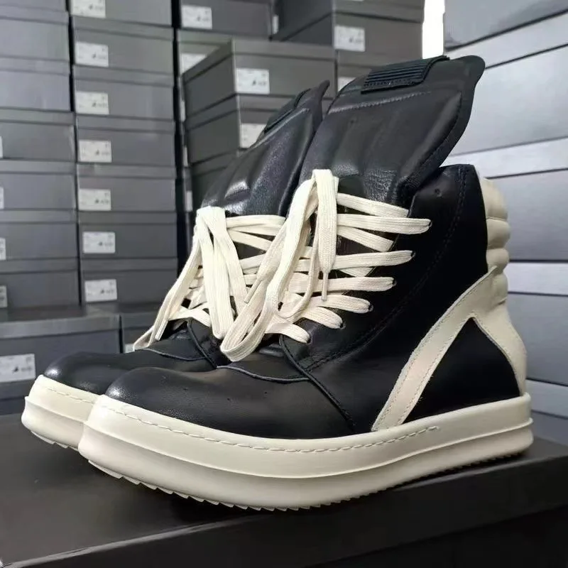 Ricks-zapatos Owens de estilo Retro para hombre y mujer, botines de alta calidad, cordones gruesos de cuero negro, diseño clásico