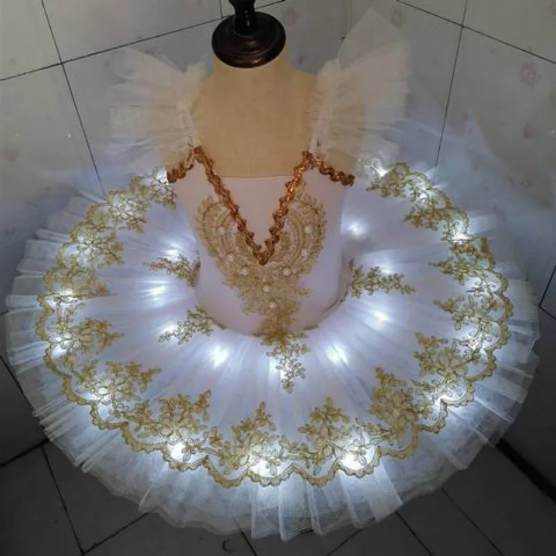 

Glittering White Tutu Skirt LED Lights Professional Dance Performances Girls Sparkle Ballerina Party Wear Elegant Puffy Tulle