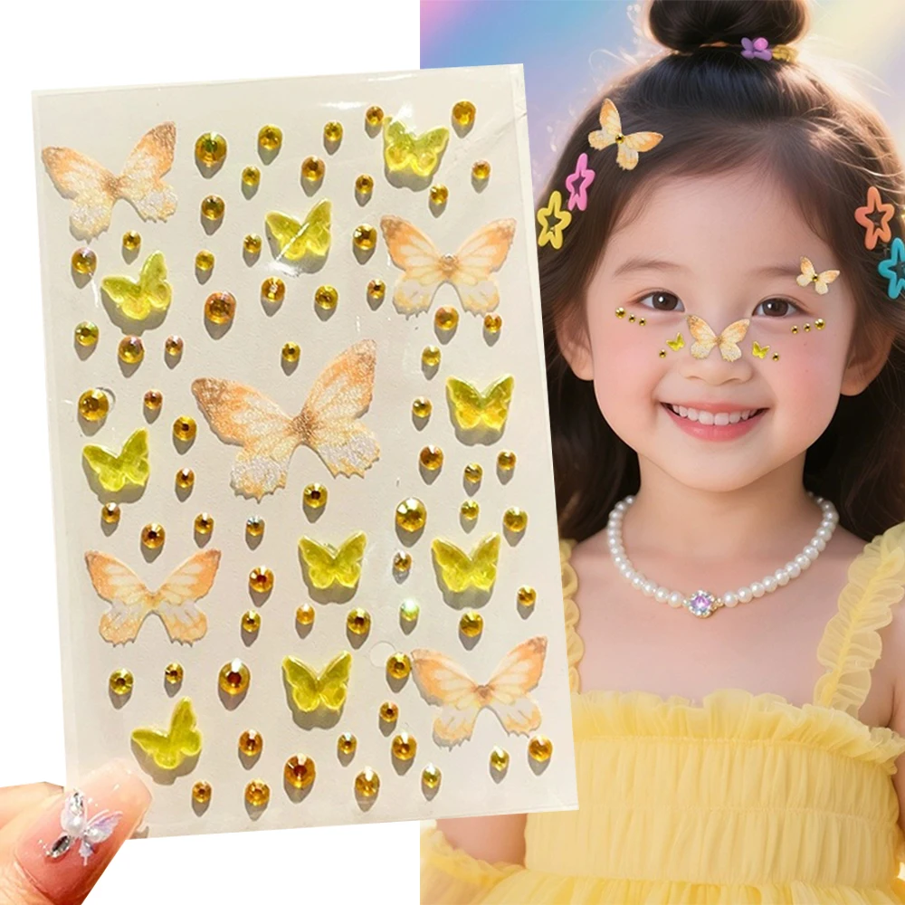 

3D ярко-желтые бабочки со стразами, татуировки для лица, наклейки с градиентом бабочки, самоклеящиеся наклейки с блестками для макияжа тела, волосы