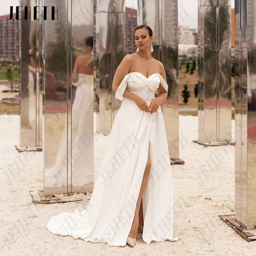 JEHETH Modern Wedding Dresses Off Shoulder Sweetheart Satin Vestidos de Noiva Side Split AJEHETH Modern Wedding Dresses Off Shoulder Sweetheart Satin Noiva Vestidos Side Split A-Line Plus Size Lace Up vestidos de noiva