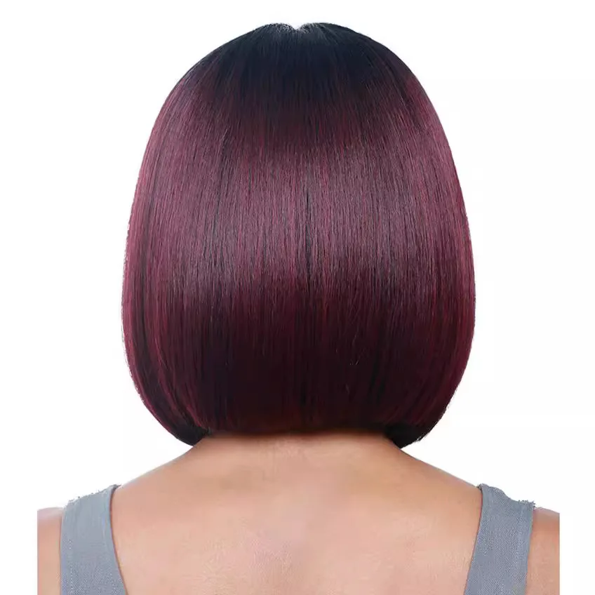 شعر مستعار اصطناعي قصير بوب الجزء الأوسط شعر أسود طبيعي بورجوندي زي يومي للحفلات مقاوم للحرارة