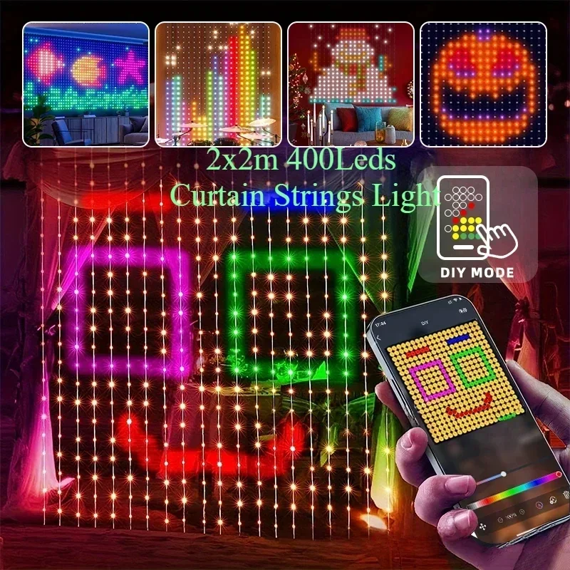 New DIY 2mx2m 400Leds Smart Curtain Strings Lights Bluetooth App Remote Music Sync for Christmas Curtain Lamp Party Decor Lights