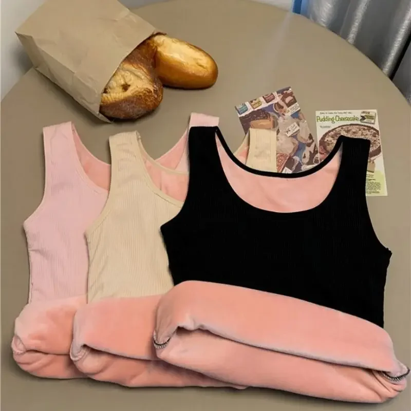 Camiseta térmica de invierno para mujer, sin costuras, con forro de terciopelo, sin mangas, chaleco cálido, camiseta interior para mujer, de color liso, lencería sexy.