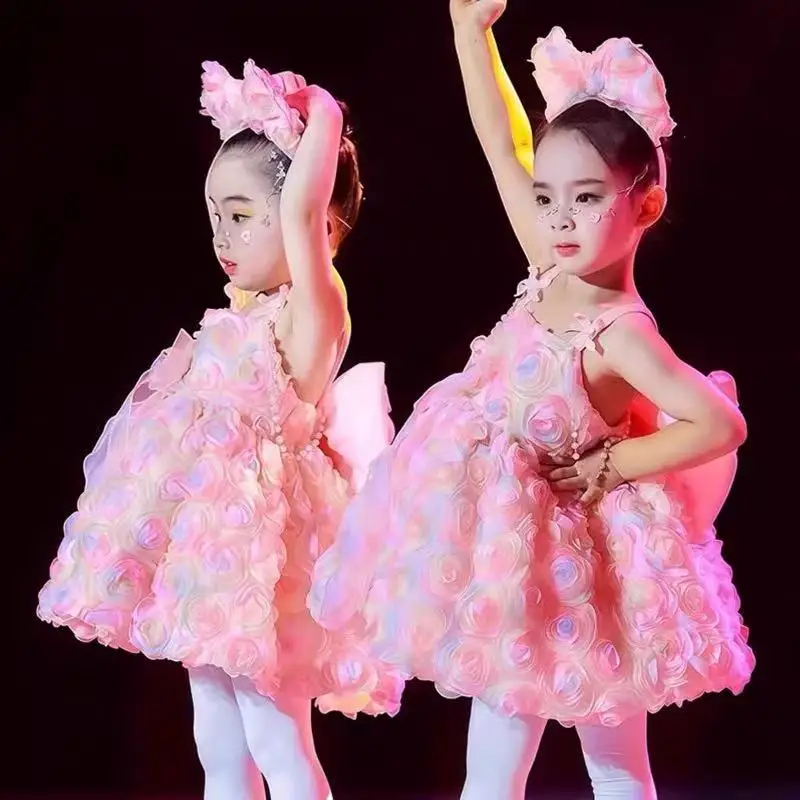 

Dreamy Floral Girls Tutu Dress Cute Romantic Modern Dance Skirt Kids Carnival Event Stage Performance Suits Summer Beach Skirts