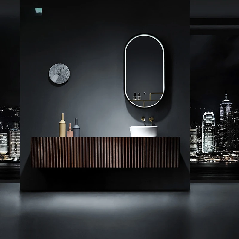 

High-end custom black walnut wood color bathroom cabinet wash basin cabinet combination Nordic light luxury toilet washbas