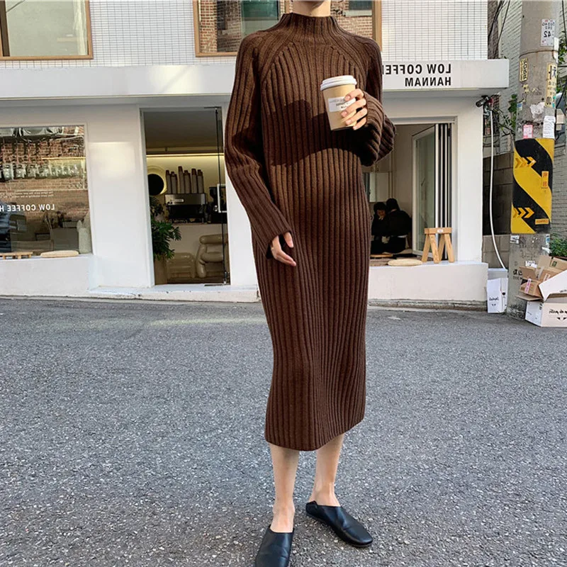 New Autumn Winter Halt Turtleneck Thick Sweater Dress Women Long Sleeve Bottom Knitted Dresses Ladies Casual Loose Long Vestidos