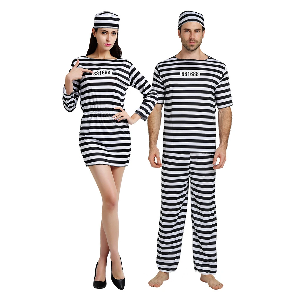 

Halloween Prisoner Cosplay Costume Prison Men Striped Top Pants Women Dress Hat Carnival Party Performance Costumes