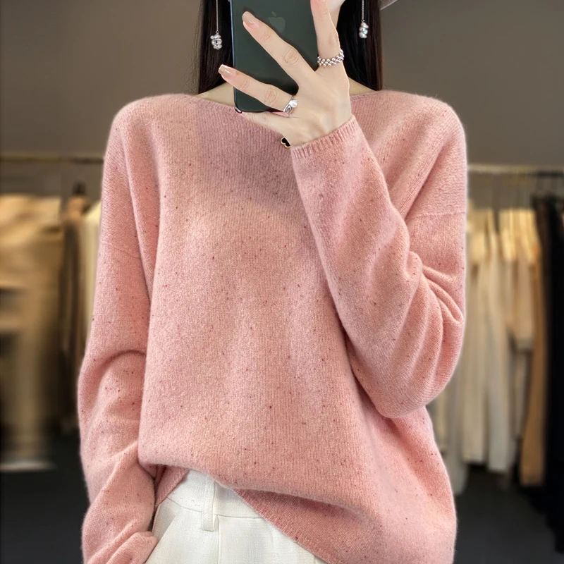 2024 New Winter Women's Knitted 100% Australian Wool Seamless Round Neck Pullover Shier Long Sleeve Warm Casual Top