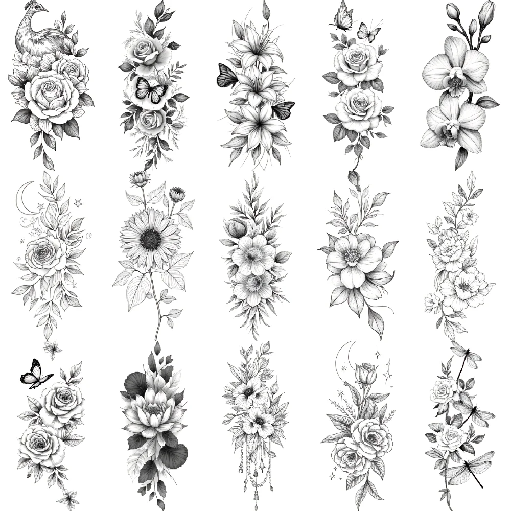 

9pcs Temporary Tattoo Lilies Waterproof Long-lasting Body Stickers Roses Snake Temporary Tattoo Stickers Butterflies For