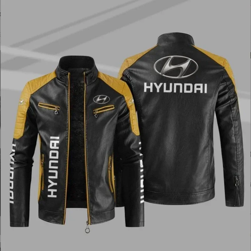 HYUNDAI Logo  Fleece Fur Leather Jacket Men Winter Fashion Zipper Straight Hem Formal Casual Coats Bomber Leather Jacket