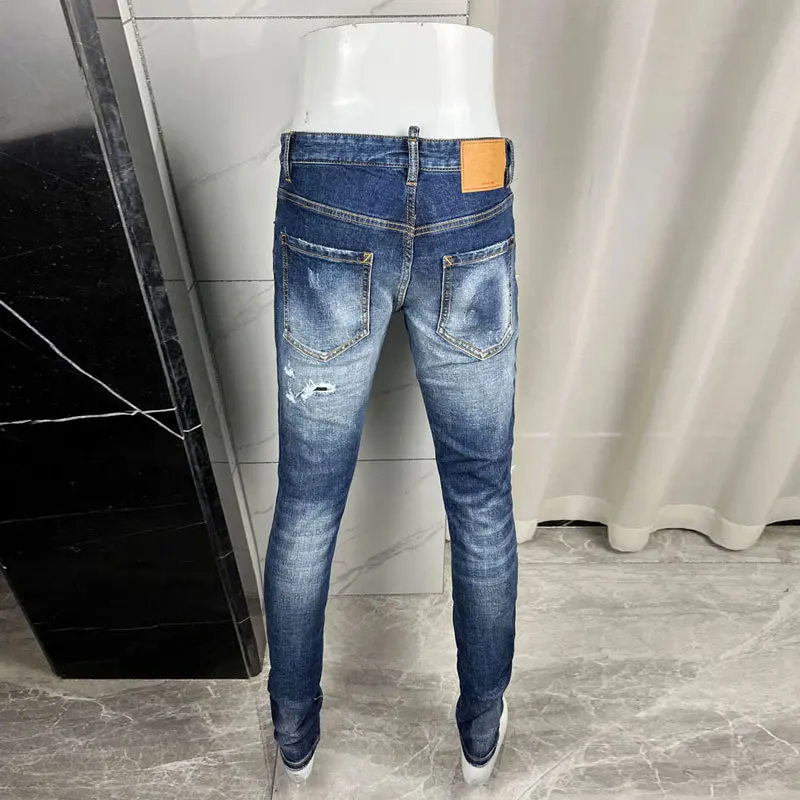 Y2K Designer Fashion New Men's Jeans Wrinkle Painted Scratched Water Washed Stretch Slim Blue Jeans High Street Hip Hop Pants Ho