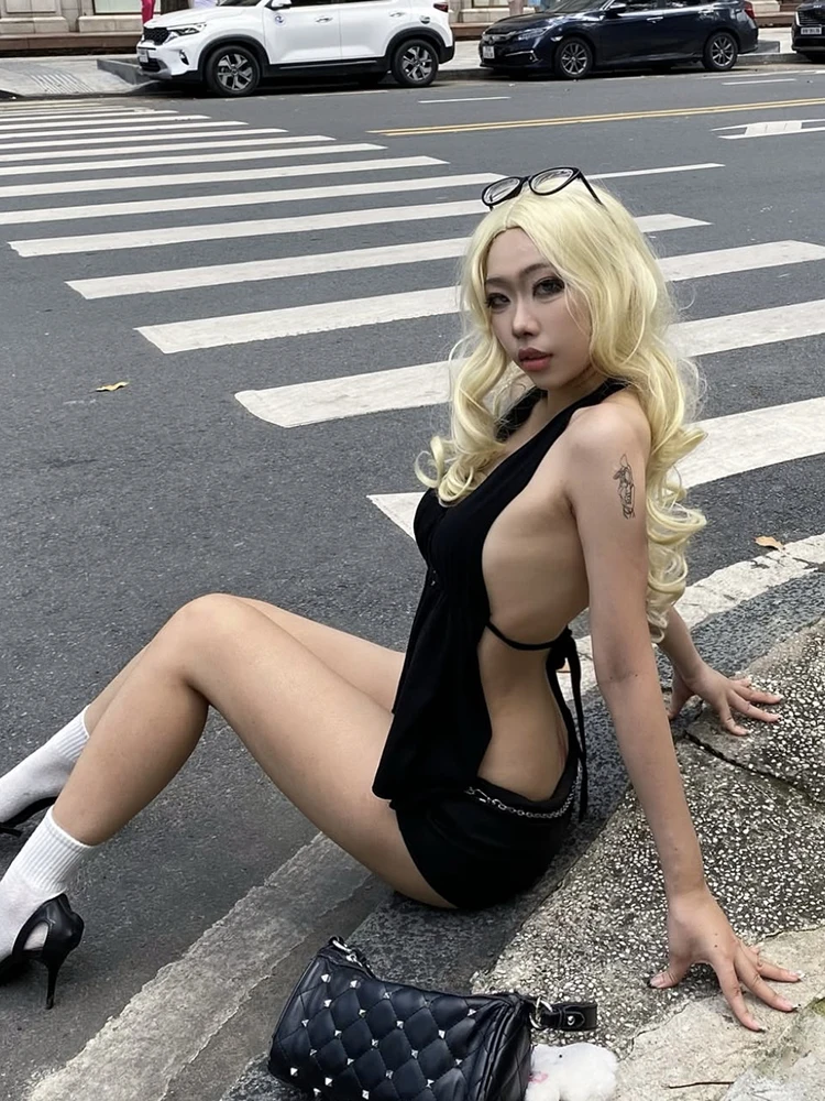 Nibber bainha irregular feminino com decote em v simples sem mangas selvagem rua sem costas guarnição de metal frênulo halter sexy moda hottie colete