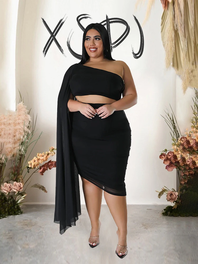 Conjunto elegante para festa feminino, top oblíquo com mangas de malha e saia, roupa noturna sexy, roupas plus size, 2 peças