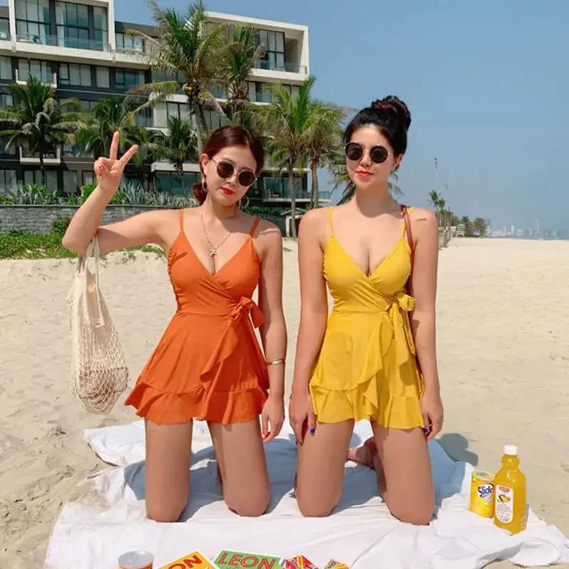 Women's 2024 Summer Bathing Suit Push Up One Piece Swimsuit Belt Solid Korea Swimwear Swimsuit Women with Skirt Swim Suit Dress