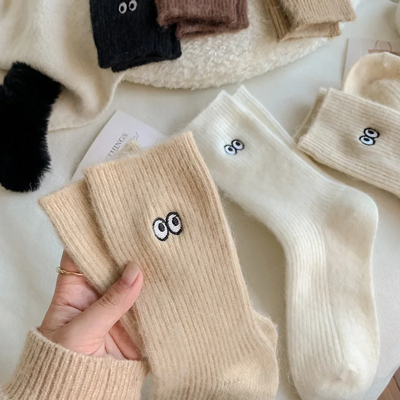 1/6 pairs Autumn winter casual comfortable big eyed mid length socks sweet cute warm socks fashionable thick stacking socks