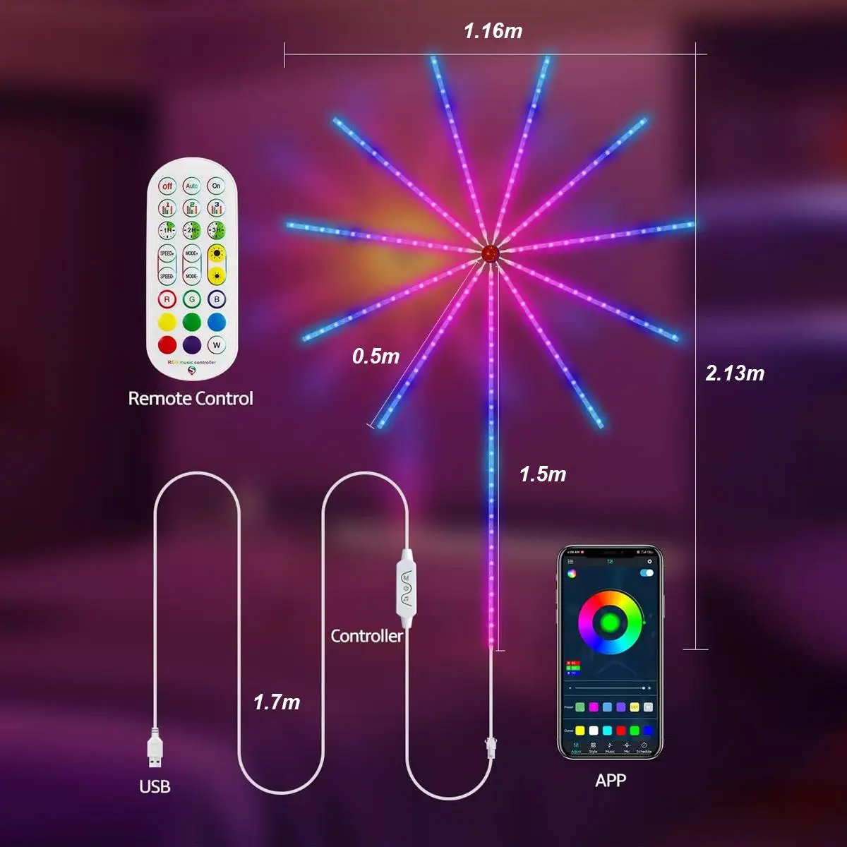 Firework LED Light USB Dimmable Remote Color Changing Festoon Lighting Neon Ribbon Smart APP Indoor Bedroom Home Room Decor Art