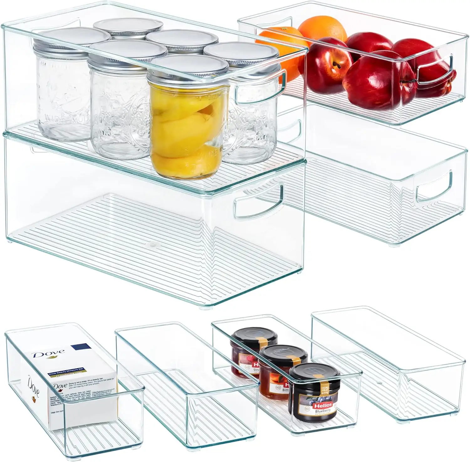 

8 PACK Stackable Pantry Organizer Bins (3 sizes) - Clear Fridge Organizers for Kitchen, Freezer, Countertops, Cabinets