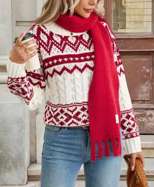 

Fashionable Contrasting Color Splicing Retro Classic Jacquard Long Sleeved Knitted Sweater for Women's Winter Warmth Sweater