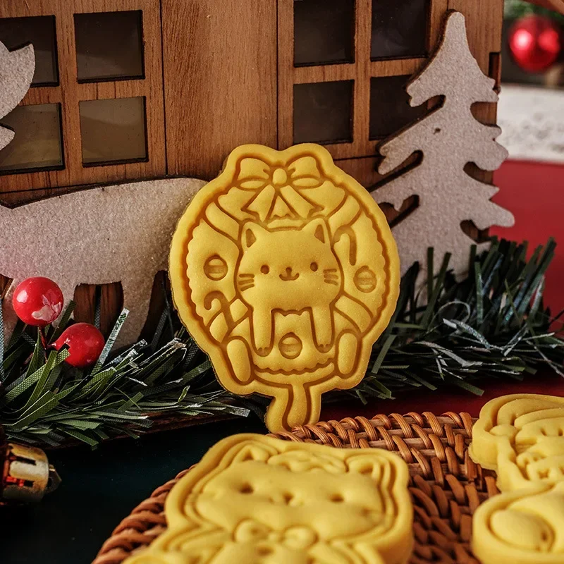 Molde cortador de galletas de gato de Navidad de dibujos animados, molde de corte de decoración de galletas de pastel de Fondant, herramienta de