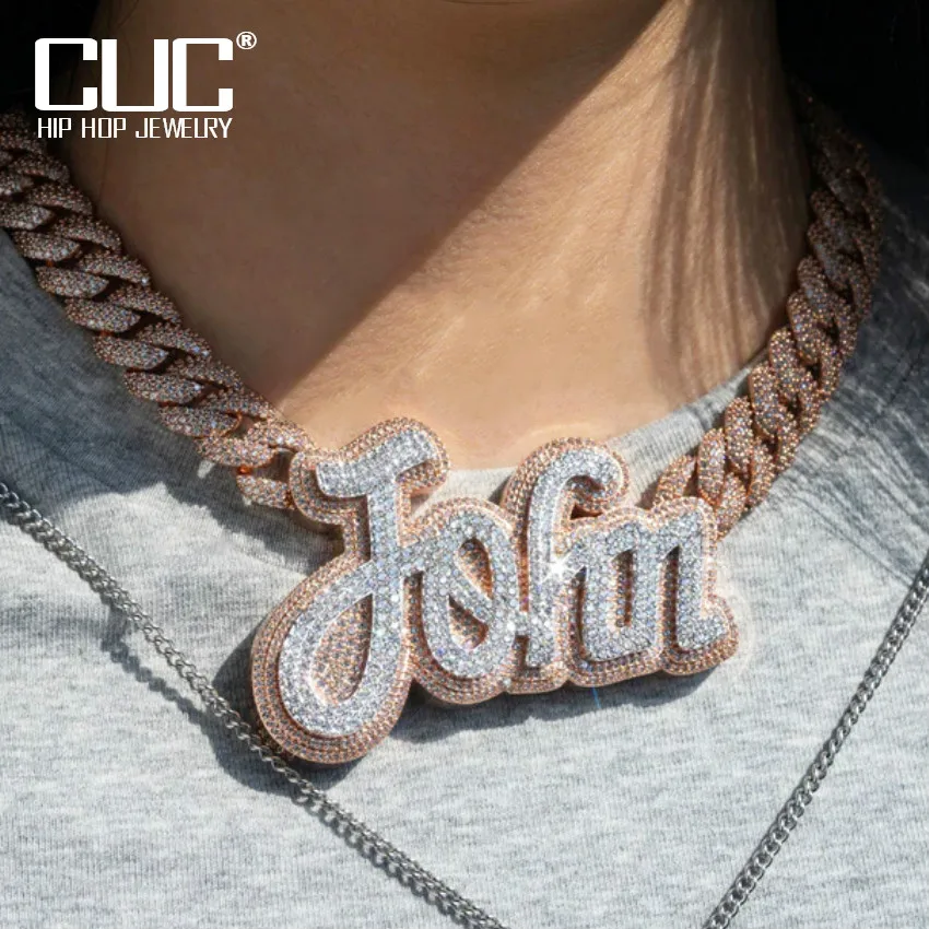 

CUC Custom Cursive Letter Pendant Iced Out Zirconia Silver Color 14mm Cuban Choker Name Necklace Chain Men Women Hip Hop Jewelry