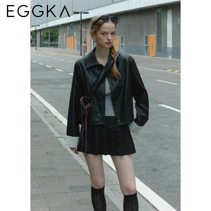 EGGKA Striped Patchwork Lapel Collar Leather Jacket Classic PU Jackets Retro Brown Short Jacket Women\'s Autumn Winter Y2k Coats