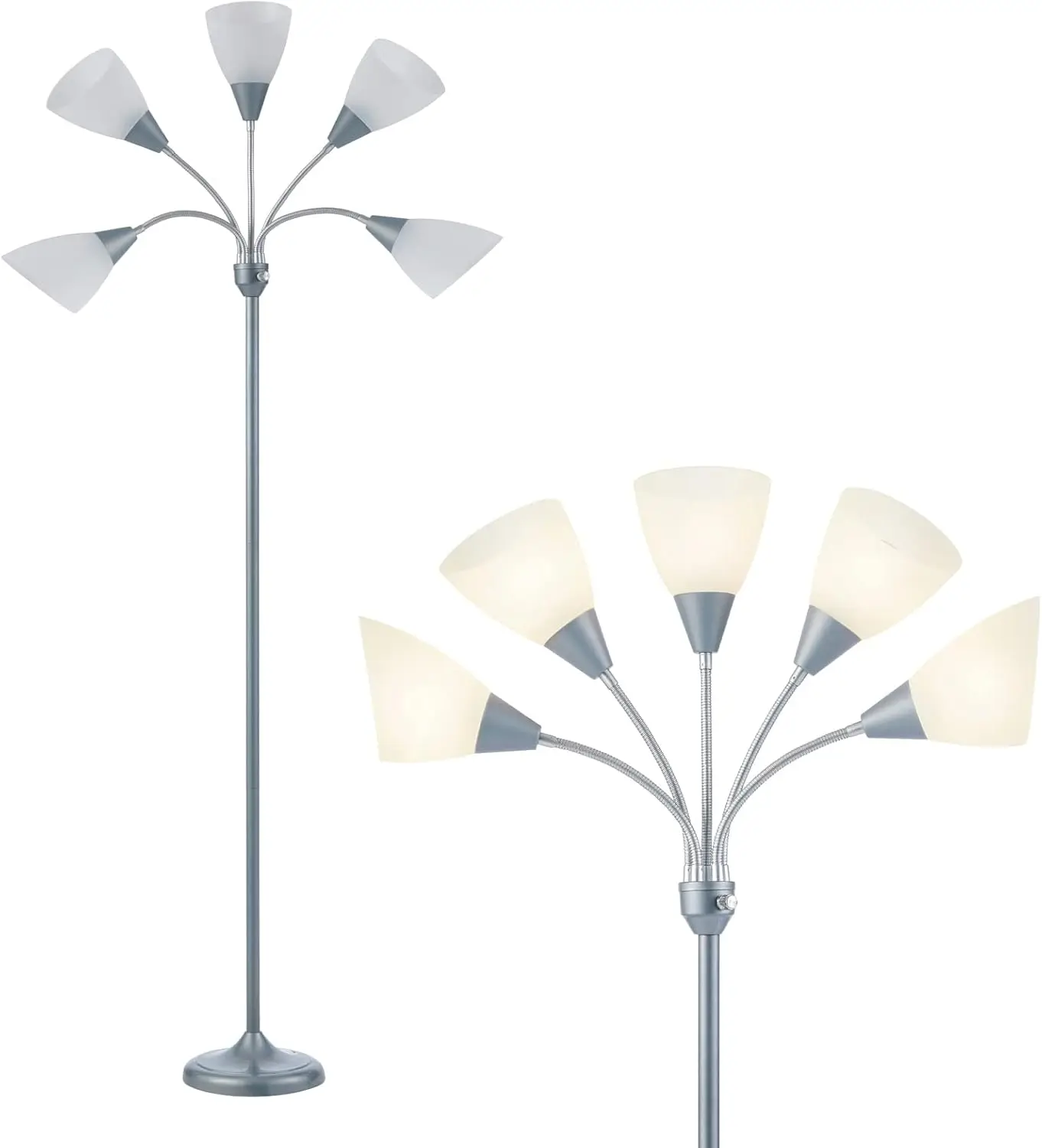 

Medusa Floor Lamp with 5 Adjustable Heads, Large Shade for Living Room Bedroom, Uses E26 A19 Bulb (Silver)