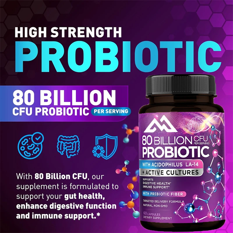 

80 billion CFU probiotic Lactobacillus acidophilus, Bifidobacterium, and Probiotics Non GMO, gluten and dairy free, 60 capsules