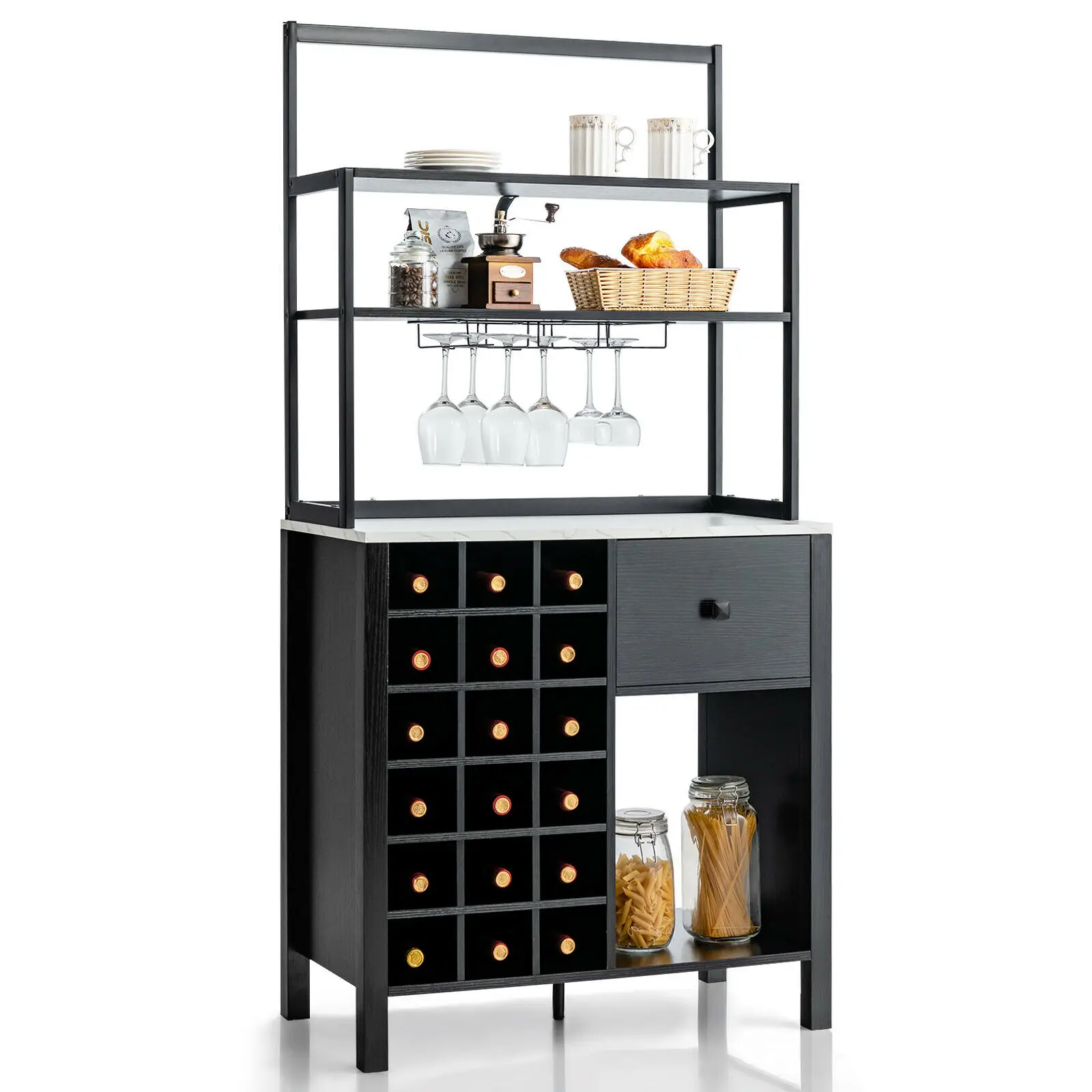 Kitchen Bakers Rack Freestanding Wine Rack Table w/ Glass Holder & Drawer Black