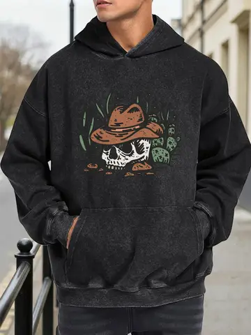 Felpa con cappuccio grafica lavata vintage da uomo Western Boho Pullover retrò effetto consumato Felpa casual streetwear