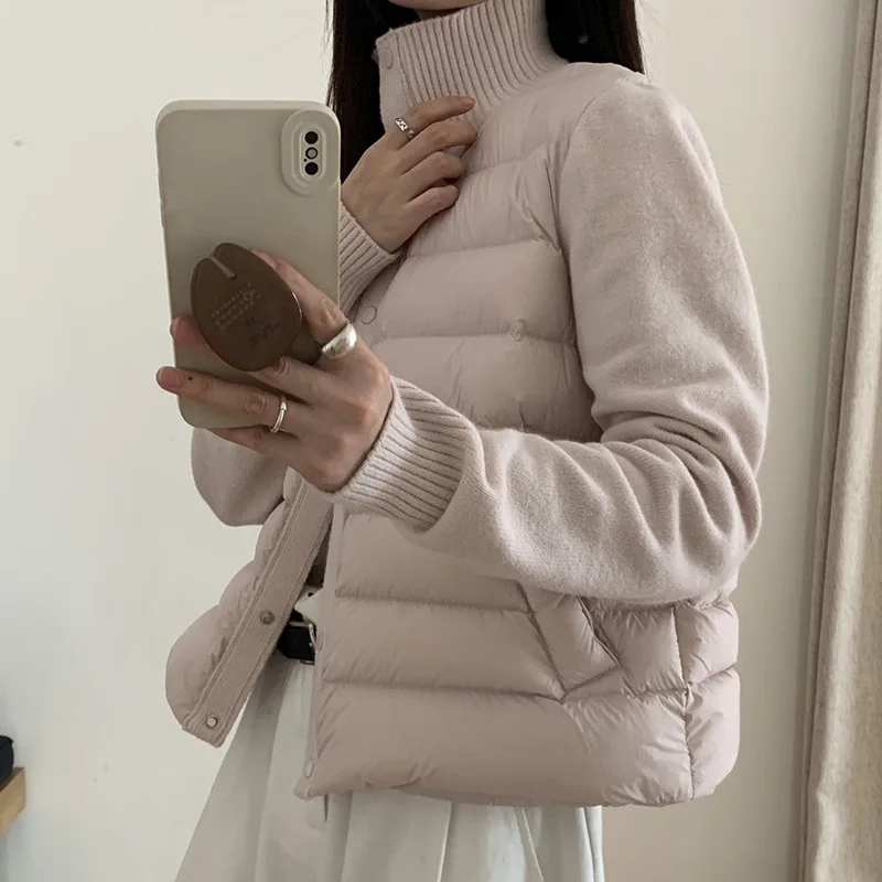 

2025 Autumn/Winter New Women's Down Jacket High Collar Splicing Knitted Jacket