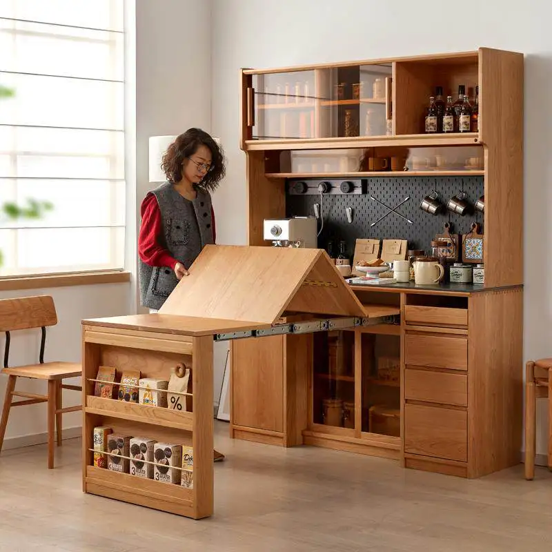 

Side cabinet folding dining table integrated small apartment solid wood hidden dining table log wall cabinet