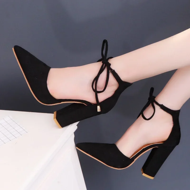 Sexy Pointed Toe Ladies Shoes Square High Heels Lace Up Women Pumps 2024 Wedding Strap Blue Woman Shoes Zapatos Mujer Size 43