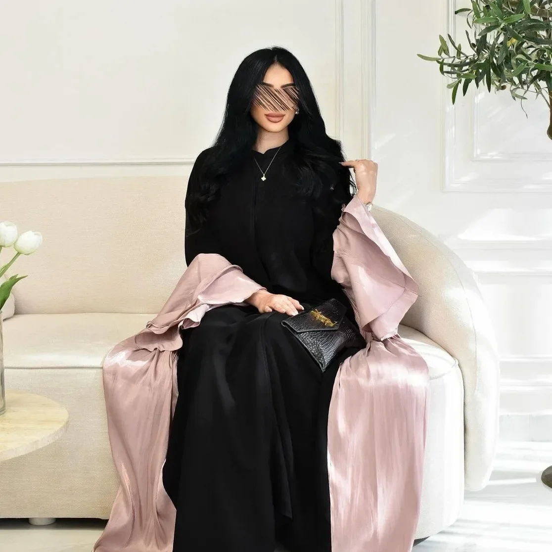 Eid Shiny Satin Open Abaya with Ruffled Sleeves Muslim Dress Women Turkish Abayas Dubai Islamic Clothing Robe Mariage Musulmane