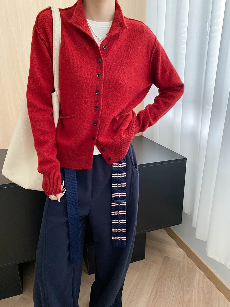 Cárdigan de punto adelgazante suelto con un solo pecho y cuello levantado con diseño de nicho de color sólido informal para mujer