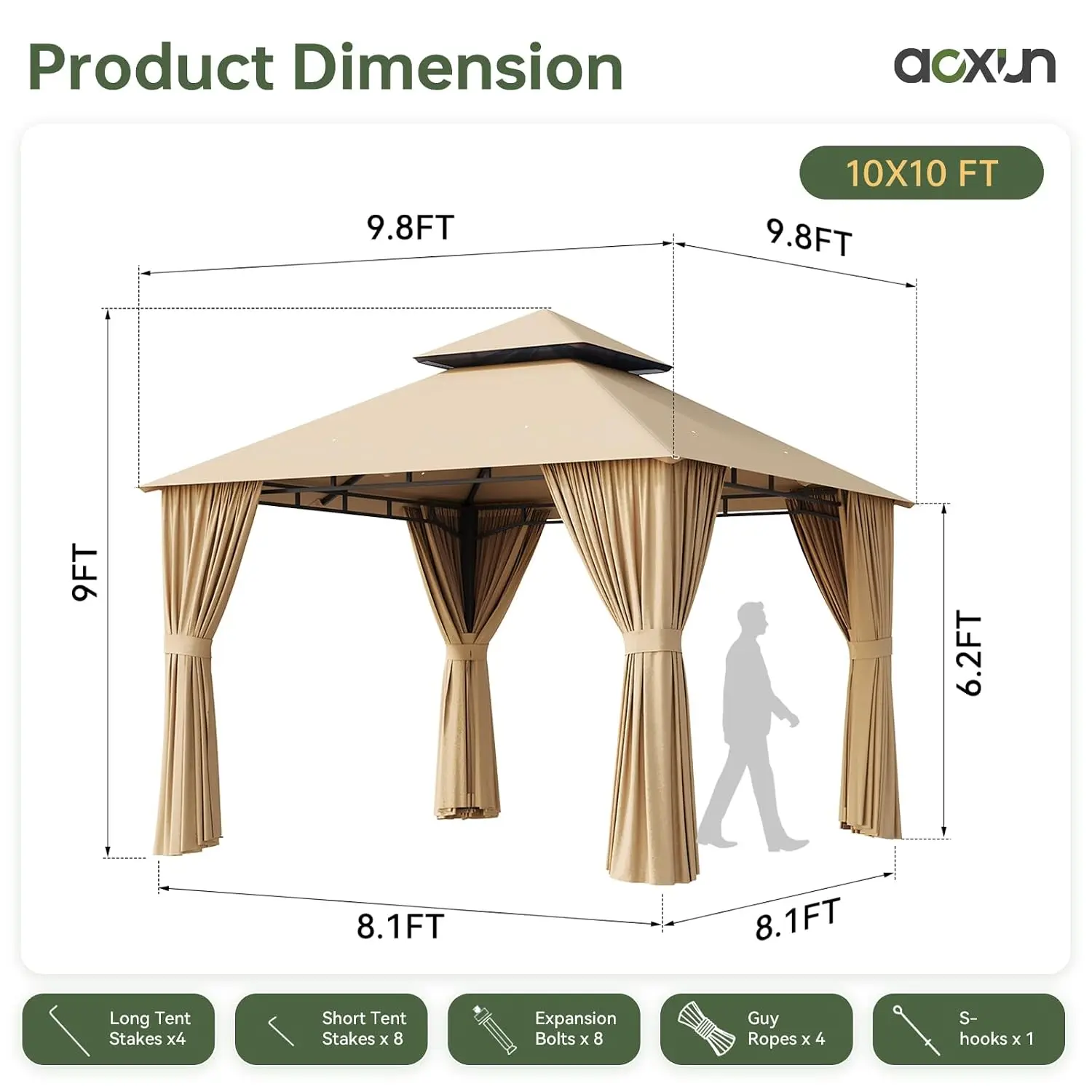10'x10' Outdoor Gazebo Curtain & Mosquito Net Beige Heavy-Duty Party Tent Double Roof Zipper Screen Backyard Shelter, Customized