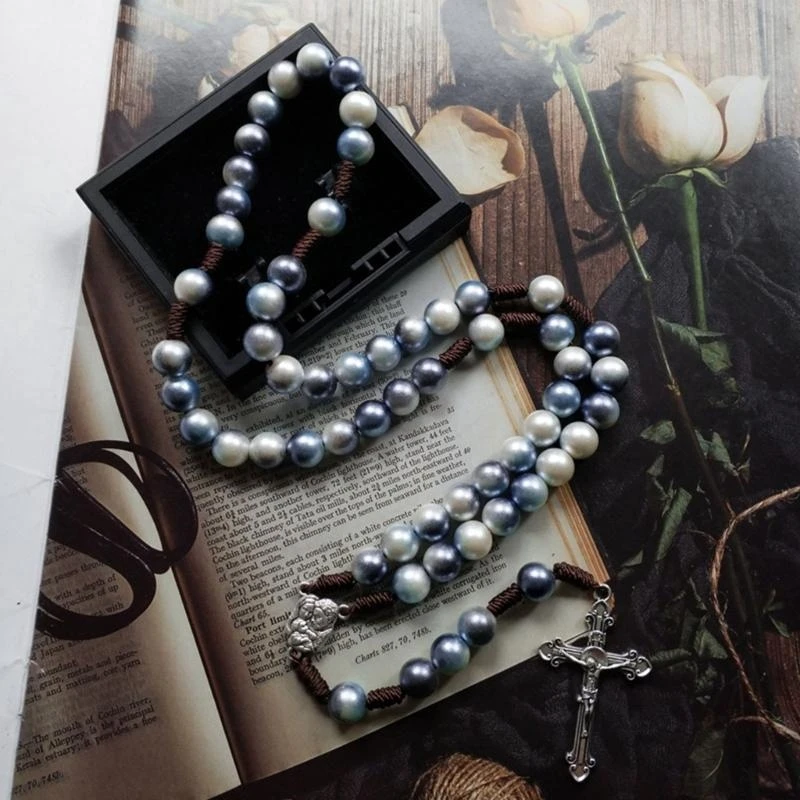 QX2E Handmade String Catholic Rosary Necklace Round Beads Religious Holy Mary Jesus for Cross Pendant Necklaces for Men Women