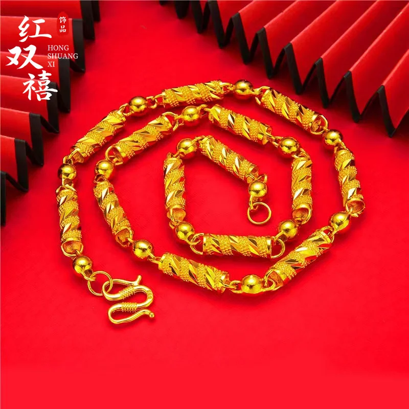 

24K Au999 Gold Color Carved Cylinder Necklace for Men, Bold Exaggerated Vintage Bamboo Chain, Trendy Luxury Birthday Jewelry Gif