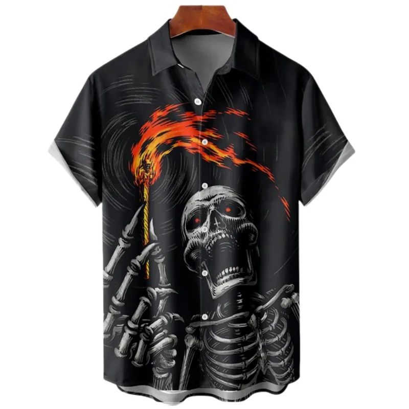 Men's Halloween Skull Print Shirt, Urban Trend Harajuku Lapel Top Hip-hop Punk Style Plus Size Shirt Casual Sleeve Shorts