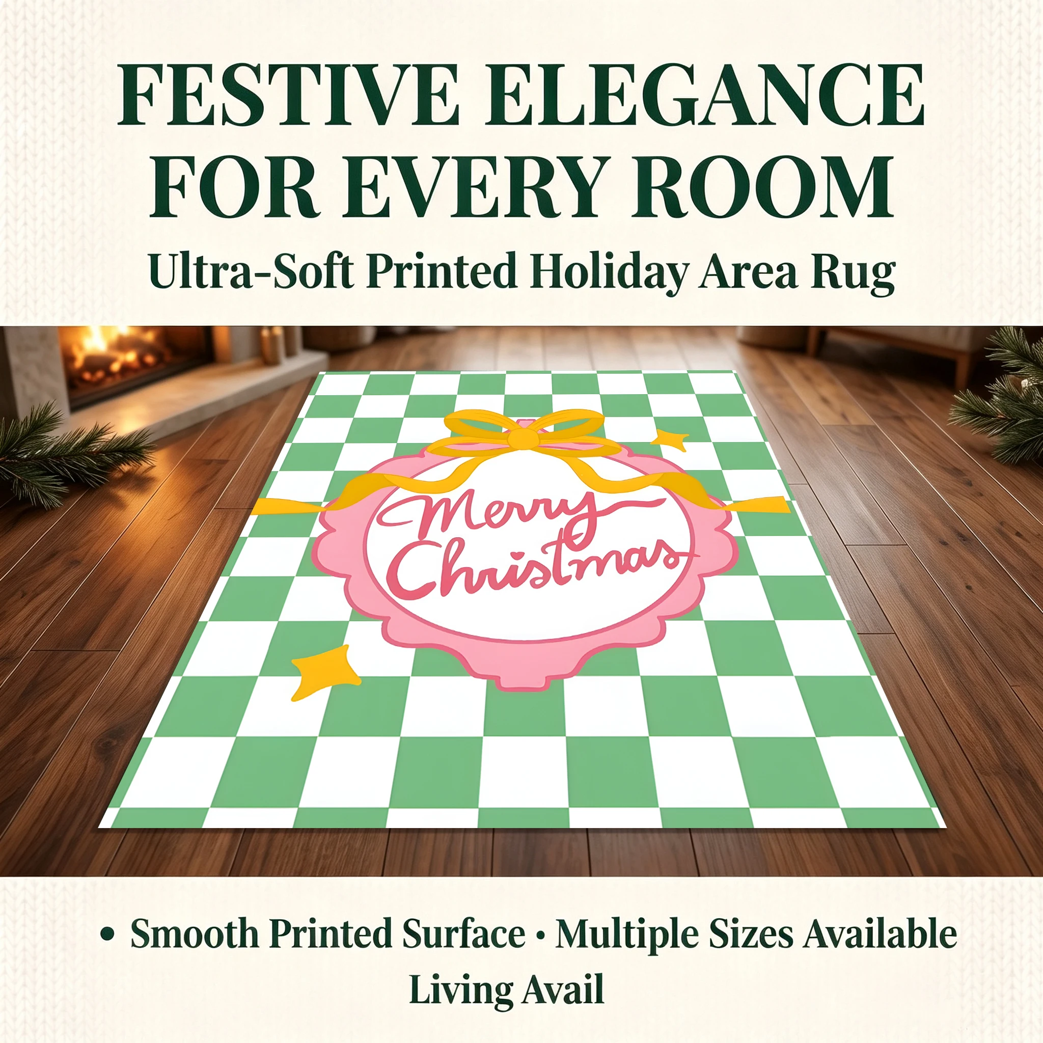 Velvet Rug Green White Checkered Bow Christmas Badge Merry Christmas for Bedroom Home Decoration