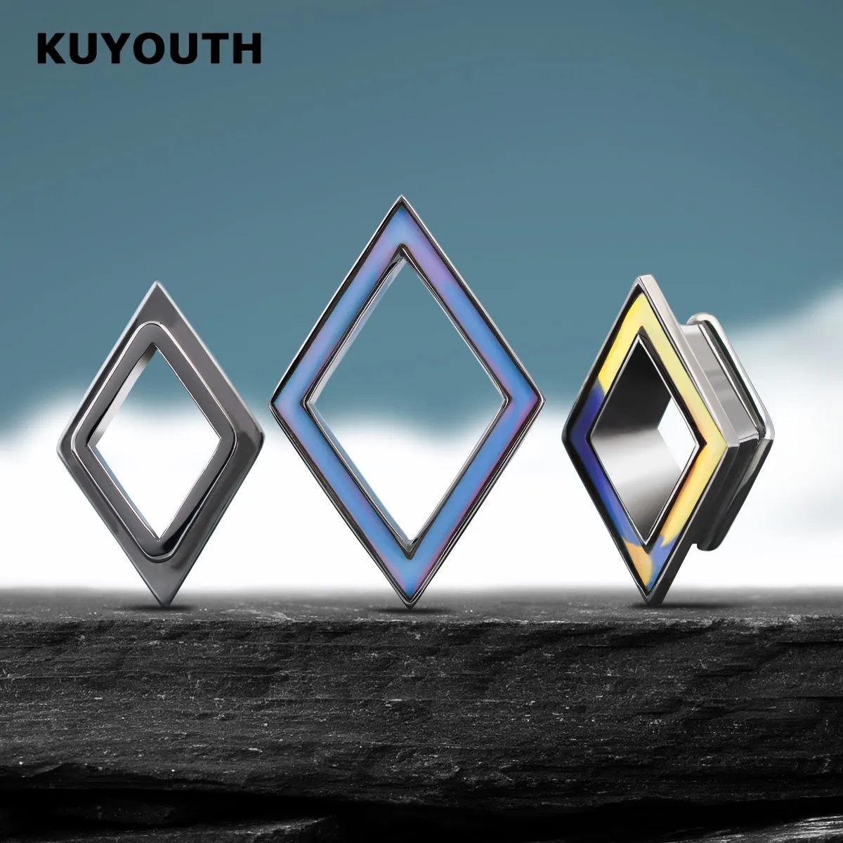 ​KUYOUTH Ear Gauges Rhombus Tunnels Expanders Plugs Stretchers Stainless Steel Earring Piercing Jewelry 2PCS