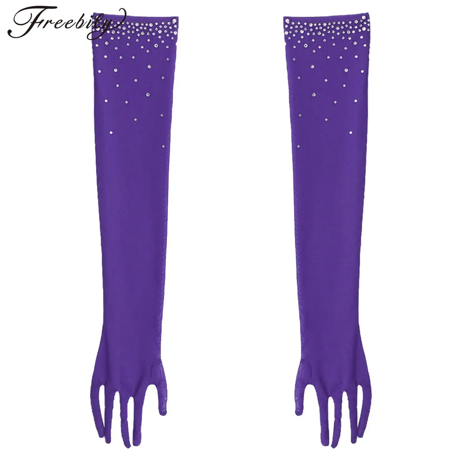Kids Girls Party Gloves Latin Dance Cosplay Costume Accessories Glittery Rhinestones Five-Finger Full-Length Mesh Gloves
