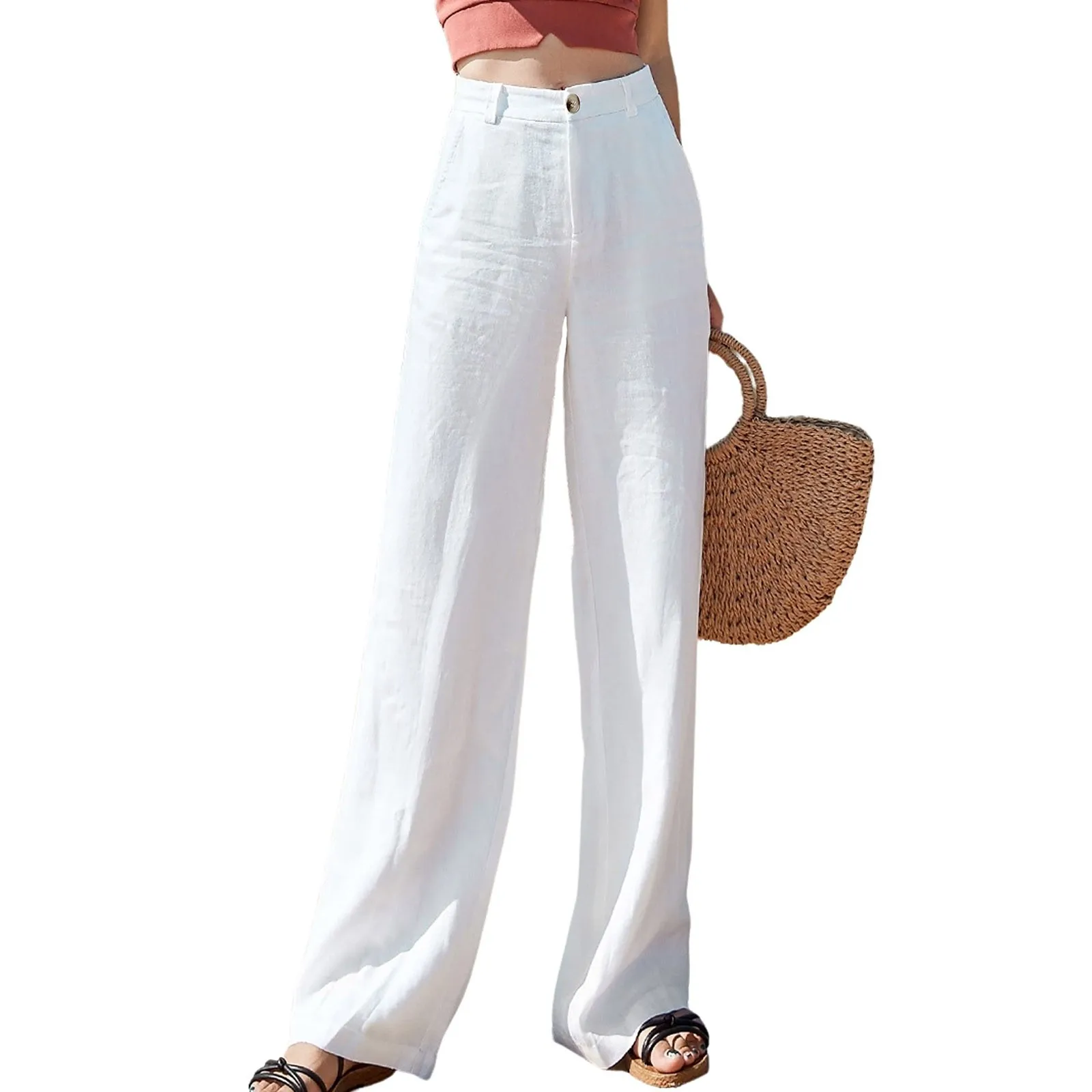 Women's Pants Summer Cotton Linen Wide Leg Pants Full Length Casual Solid White Loose High Waist Straight Trousers Women