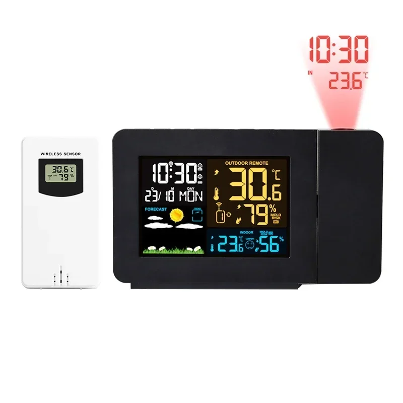 

3391 Indoor Outdoor Thermometer Hygrometer Projection Alarm Clock Weather Clock Color Screen Weather Forecast Electronic Clock