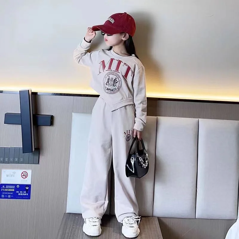 Girl Spring Casual Sets Kids Letter Prints Suit Children Fashion Irregular Tops+Sports Pants 2Pcs Teens Autumn Trends Clothes