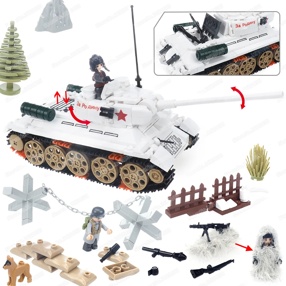 

Military T34-85 White Tank Building Block Assembled WW2 Figures Su Style Late Stage War Medium Weapons Model Child Gift Boy Toys